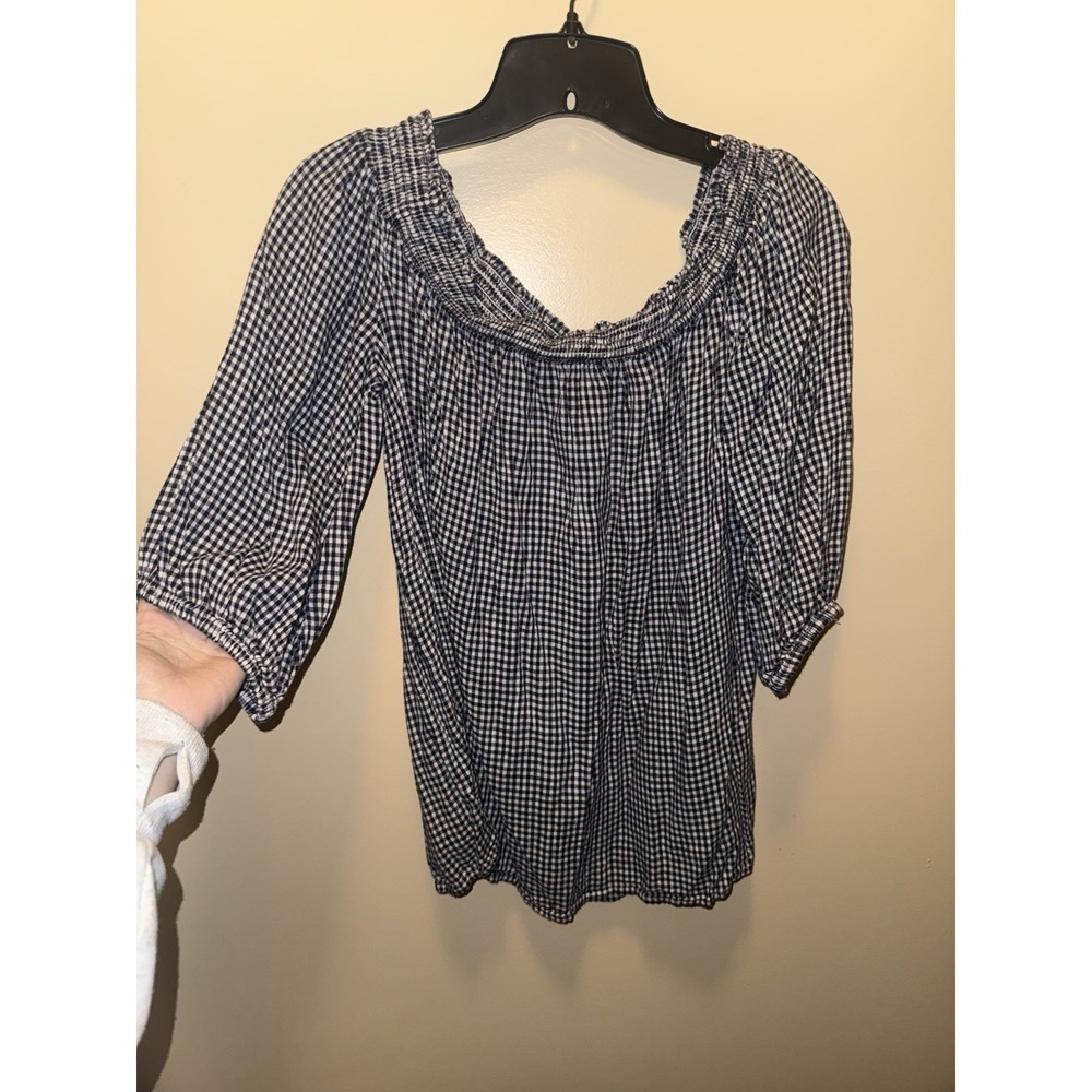 OLD NAVY Off-The-Shoulder Blouse Top 3/4 Sleeve Plaid Black/White Cotton